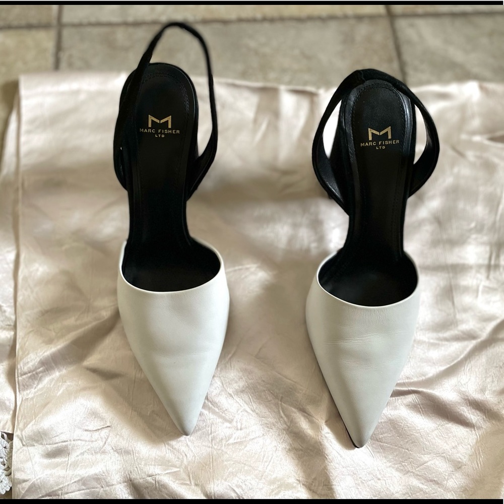 Marc Fisher LTD Brand, Size:9M, Leather Sole, Mule with a strap, Black & White